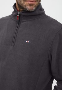 Pelēks vilnas džemperis ar pus-iepakojuma apkakli un nelielu izšūtu logotipu, kas satur sarkanas, baltas un zilas akcentus uz krūtīm.