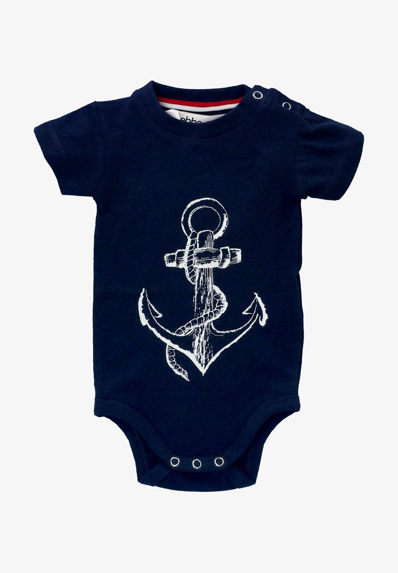 Marineblauwe katoenen baby romper met korte mouwen en een witte anchor graphic. Voorzien van drukknoopsluiting aan de onderkant en een ronde hals.