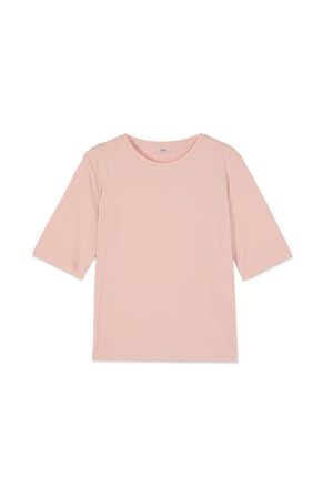 Top rosa chiaro a maniche corte con scollo tondo e sottili piccole decorazioni in strass sulla parte superiore anteriore.