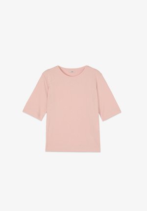 Top rosa chiaro a maniche corte con scollo tondo e sottili piccole decorazioni in strass sulla parte superiore anteriore.