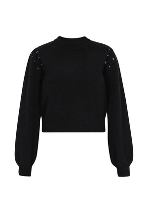 Sort cropped sweater med rund halsudskæring, lange ærmer, tekstureret stof og sølvøjer detaljer på skuldrene.