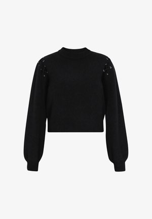 Sort cropped sweater med rund halsudskæring, lange ærmer, tekstureret stof og sølvøjer detaljer på skuldrene.