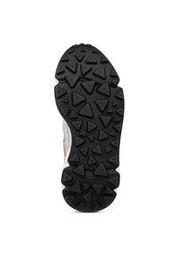 Schwarze Außensohle mit dreieckigem, strukturiertem Muster; die Zwischensohle ist weiß. Das Schuhdesign wirkt robust und eignet sich gut für Outdoor-Aktivitäten.