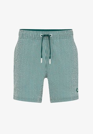 Pantaloni scurți de înot cu dungi verticale verzi și albe, cu buzunare laterale și talie cu șnur verde.