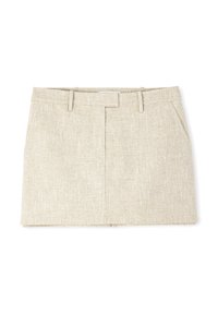 Jupe beige texturée avec une coupe droite, dotée d'un devant plat, de passants de ceinture et de poches latérales en biais. Tissu léger et tissé.
