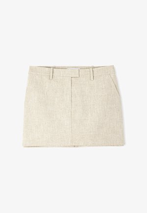 Beige strukturierter Rock mit gerader Passform, flachem Frontbereich, Gürtelschlaufen und schrägen Seitentaschen. Leichter, gewebter Stoff.