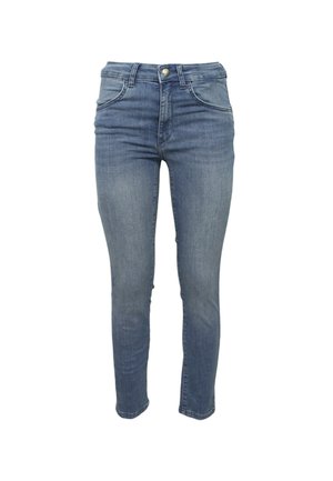 Jeans in denim blu chiaro con vestibilità skinny, vita alta, cinque tasche e chiusura anteriore con bottone. Presentano sfumature delicate e dettagli di cucitura.
