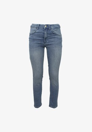 Jeans in denim blu chiaro con vestibilità skinny, vita alta, cinque tasche e chiusura anteriore con bottone. Presentano sfumature delicate e dettagli di cucitura.