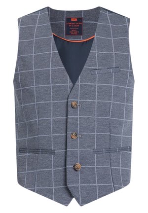 Szary kamizelka w kratę z dekoltem w kształcie litery V, z brązowymi guzikami, jedną kieszenią na piersi i kontrastowym podszewką.