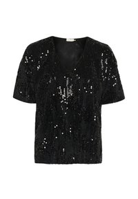 Black sequined top with short sleeves and a V-neck. Features a textured surface with numerous reflective sequins for a shimmering effect.