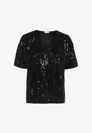 Black sequined top with short sleeves and a V-neck. Features a textured surface with numerous reflective sequins for a shimmering effect.