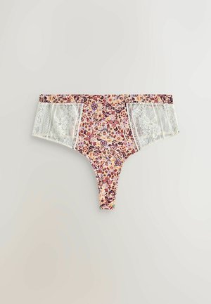 Floral-patterned panties featuring a peach background, purple and red flowers, with white lace side panels and a smooth fabric texture.