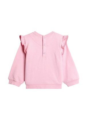 Roosa sviiter ruffle aktsentidega õlgadel, ümar kaelus, nööbikinnitus seljaosas ja soonikkoes varrukad ning alläär. Pehme tekstuur.