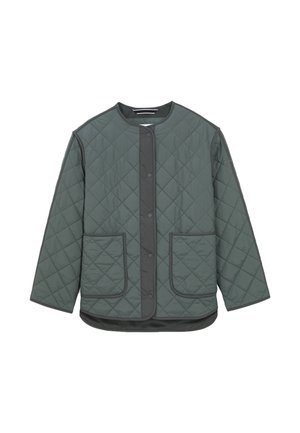 Gepolsterte Jacke in Dunkelgrün mit einem runden Ausschnitt, vorderen Druckknopfverschlüssen, zwei Taschen und kontrastierendem schwarzen Piping entlang der Kanten.