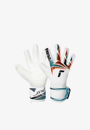 Weiße Torwarthandschuhe mit blauen, orangefarbenen und schwarzen geometrischen Akzenten, ausgestattet mit Handgelenkriemen und dem Markennamen "Reusch".