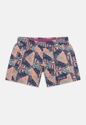 Shorts de bain pour enfants avec taille élastique, motif abstrait coloré mettant en scène des animaux tachetés foncés, et patch logo Patagonia à l'avant.