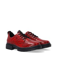 Red leather shoes with a shiny, textured reptile pattern. They feature black laces and a sturdy black sole with a slight tread.