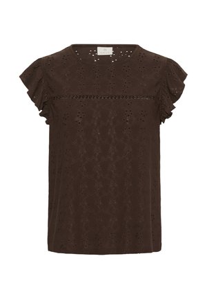 Ciemnobrązowa bluzka z krótkim rękawem o kwiatowym wzorze z ażurowych oczek, falbaniaste rękawy oraz pozioma koronkowa lamówka na wysokości klatki piersiowej.