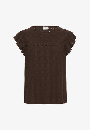 Ciemnobrązowa bluzka z krótkim rękawem o kwiatowym wzorze z ażurowych oczek, falbaniaste rękawy oraz pozioma koronkowa lamówka na wysokości klatki piersiowej.