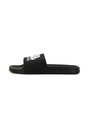 Sandalo tipo slide nero con emblema fleur-de-lis bianco e testo sulla fascia larga, suola piatta e design open toe.
