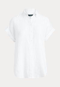 White linen short-sleeve button-up shirt with a classic collar and rolled cuffs, featuring a subtle texture and relaxed fit.