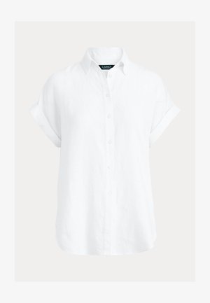 Weißes Leinenhemd mit kurzen Ärmeln, durchgehendem Knopfverschluss, klassischem Kragen und hochgekrempelten Manschetten, mit feiner Textur und lockerem Schnitt.