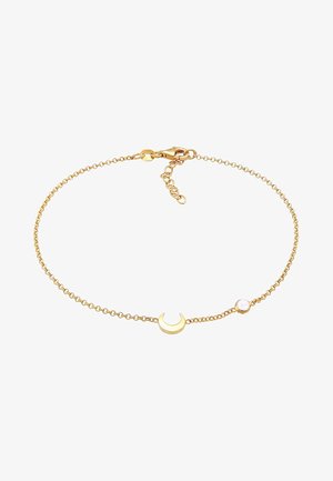 Goldkette-Armband mit einem Halbmond-Anhänger und einem kleinen runden Stein. Zarte Glieder mit einem Krallenverschluss und einer Verlängerungskette für eine verstellbare Passform.