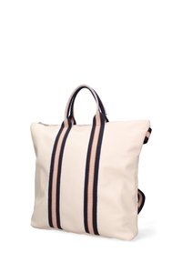 Borsa in pelle bianca con manici a strisce navy e arancioni, forma quadrata, chiusura a zip e superficie testurizzata per una maggiore resistenza.