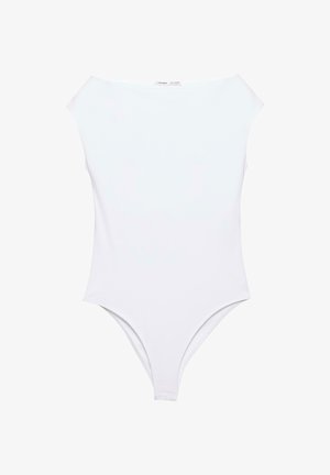 Wit mouwloos bodysuit met een hoge boothals en een broekje in stringstijl.