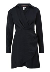 Dunkelblaues Wickelkleid mit einem Kragen, langen Ärmeln und einem leicht strukturierten Stoff; bietet einen asymmetrischen Saum und Raffungsdetails.