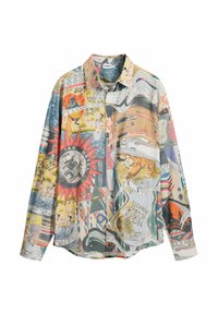 Multicolored button-up shirt featuring a collage of graphic prints, including animals and text, on a lightweight fabric with a relaxed fit.