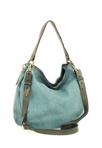 Borsa a tracolla in pelle color turchese con una texture morbida, design sfilacciato e tracolla regolabile, dotata di accessori in ottone e apertura superiore.