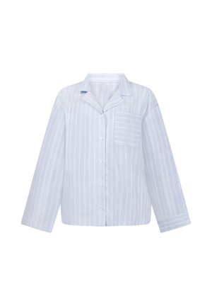 Lichtblauw gestreept overhemd van katoen. Voorzien van een kraag, lange mouwen, knoopsluiting en een linkerborstzak. Zachte, gladde textuur.