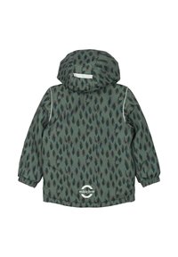 Grøn vandtæt jakke med et blade-mønster, elastiske manchetter, hætte og en tonet logo nederst.