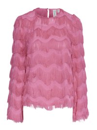 Pink blouse featuring wavy fringe layers, long sleeves, and a round neckline with a rear keyhole opening. Made of lightweight fabric.