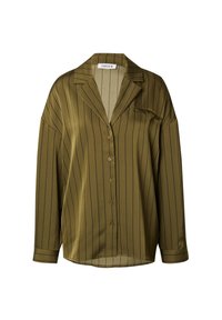 Olivgrüne gestreifte Bluse aus glattem Stoff mit klassischem Kragen, Frontknopfverschluss und einer kleinen Brusttasche.