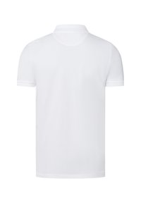 Weißes Poloshirt mit kurzen Ärmeln, klassischem Kragen, glatter Textur und einem schlichten Design ohne Muster oder Verzierungen.