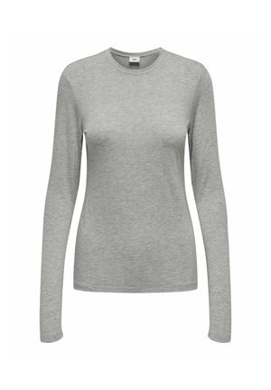 Graues Langarmshirt aus weichem Stoff, mit rundem Halsausschnitt und figurbetonter Silhouette, mit einer glatten Textur und minimalistischem Design.