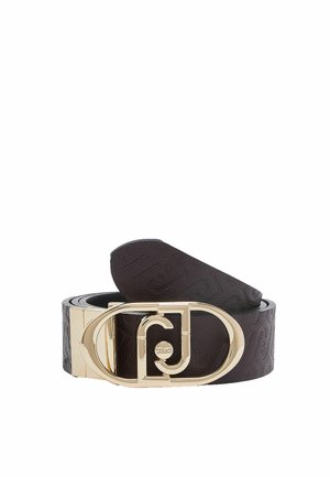 Cintura in pelle nera con motivo in rilievo e grande fibbia in metallo dorato con lettere intrecciate come logo.