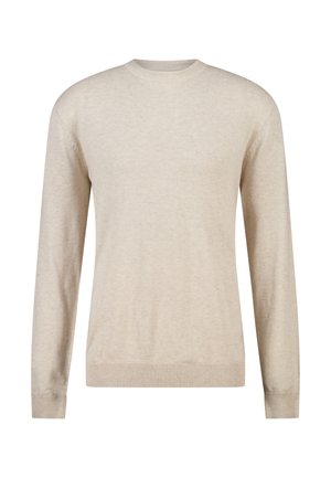 Beiger Pullover mit Rundhalsausschnitt und langen Ärmeln, mit gerippten Bündchen und Saum, gefertigt aus einem weichen Strickstoff.