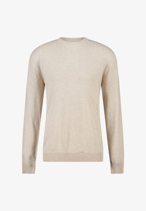 Beiger Pullover mit Rundhalsausschnitt und langen Ärmeln, mit gerippten Bündchen und Saum, gefertigt aus einem weichen Strickstoff.