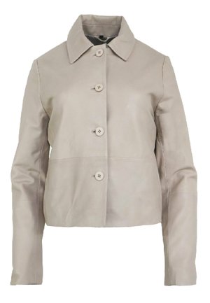 Beige leren jack met een kraag, een frontale knoopsluiting met vier knopen en lange mouwen met een soepele textuur.
