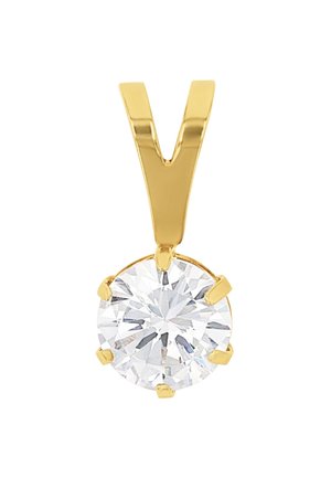 Gold pendant featuring a round, clear cubic zirconia held by six prongs, with a V-shaped bail for attachment.