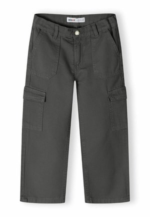 Graue Cargo-Hosen aus Baumwollstoff, mit zwei Fronttaschen und zwei seitlichen Taschenklappen. Gerades Bein Design mit einem Knopfverschluss.