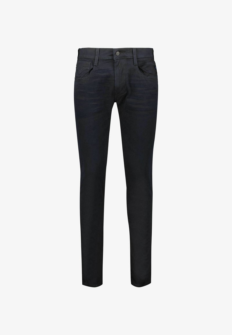 Dark blue slim-fit jeans with front button, belt loops, and five-pocket design on a white background.