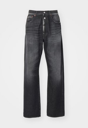 Donkergewassen wijde jeans van denim, met een knoopsluiting, vijf zakken en een subtiele vervaging over de stof.