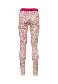 Leggingsit, jotka ovat vaaleanvihreällä pohjalla ja joissa on vaaleanpunainen ja sininen leopardikuosi. Yleinen vaaleanpunainen vyötärönauha ylhäällä viimeistelee muotoilun.