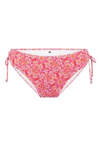 Parte inferior de bikini rosa con un patrón de paisley, lazos laterales ajustables y un forro interior blanco. Presenta accesorios metálicos en los lazos.
