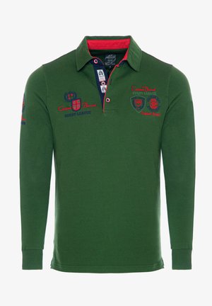 Groene lange mouwen polohemd van katoen, met een kraag met rode accenten en geborduurde logo's in blauw en rood op de voorkant.