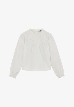 Fehér, hosszú ujjú blúz környakú, texturált anyagból, elől pliszírozott, rugalmas mandzsettákkal, hátul kulcslyuk-zárral.